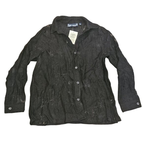 Susan Graver Blouse Women Medium Black Sheer Button Up Lace Floral Long Sleeve - Picture 1 of 7